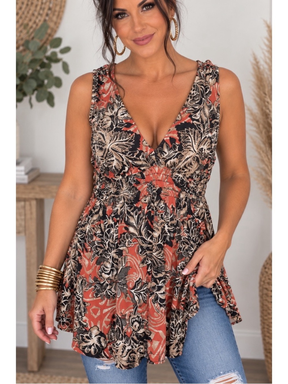 Agenda rust, Brown & cream floral sleeveless top with a flattering V-neckline
